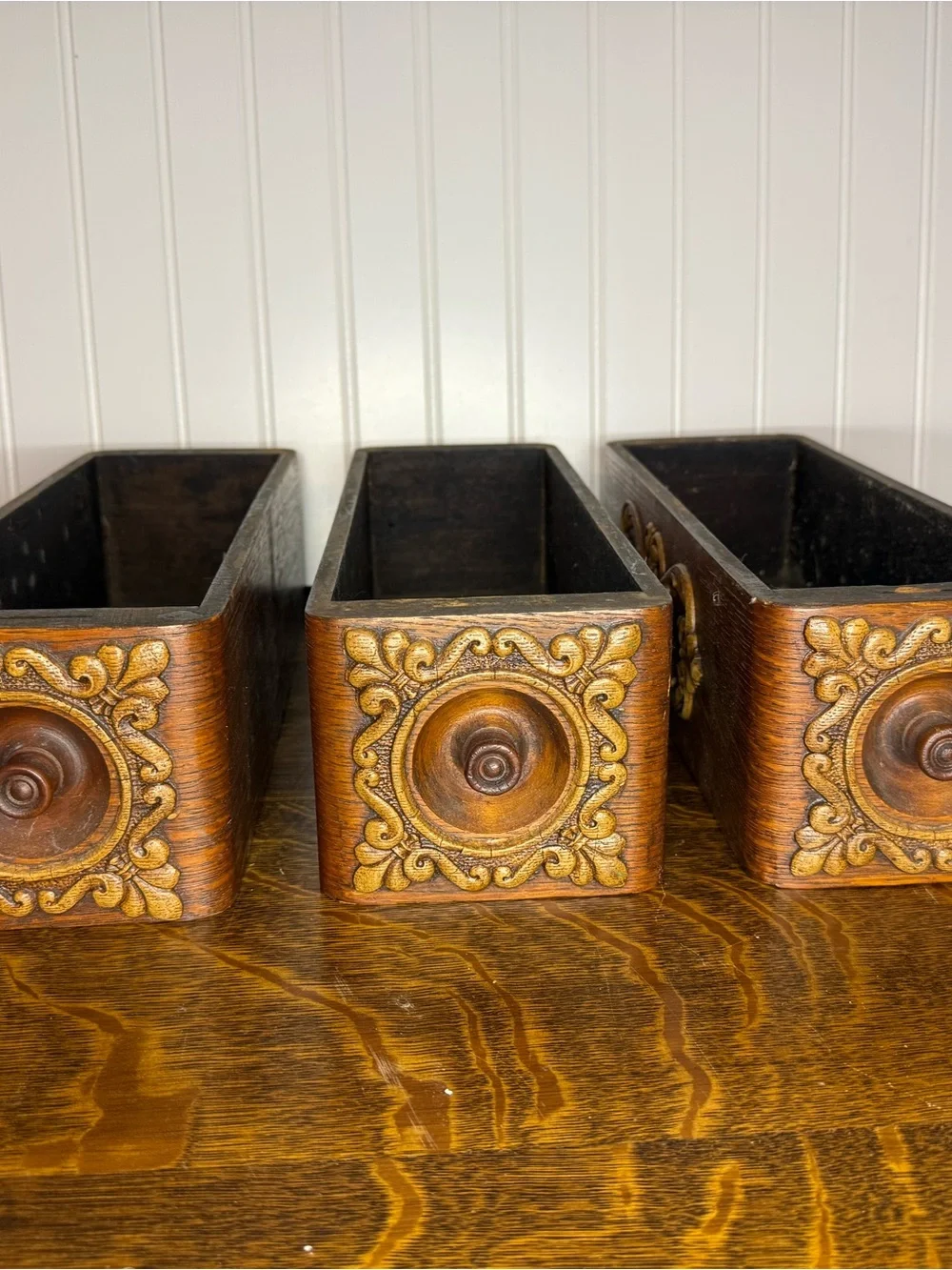 Antique Sewing Machine Drawer Cabinet: Carved Wooden Display Boxes, Ornate